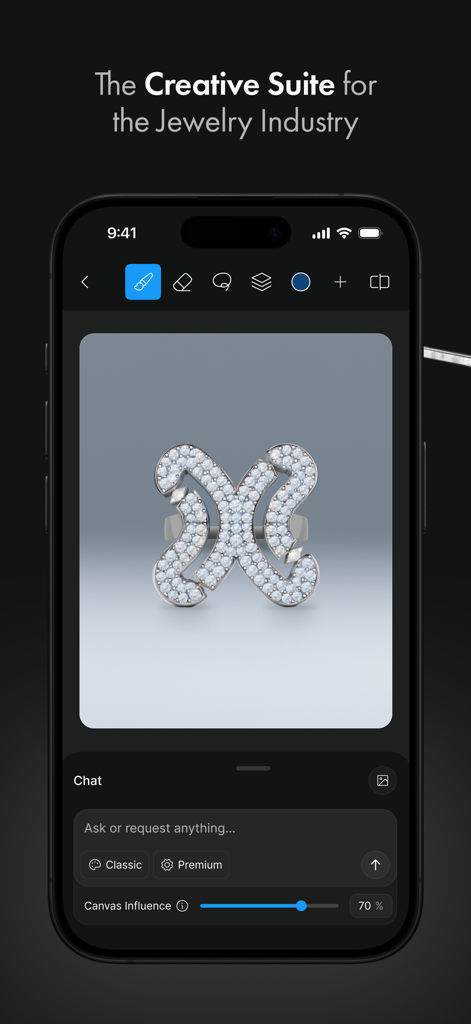 Smartphone screen showing a photorealistic diamond jewelry design within the BLNG AI app interface