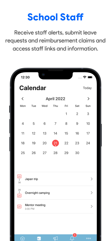SchoolBridge Mobile App-Oberfläche mit dem Schulpersonal-Kalender, der geplante Ereignisse wie eine Japanreise und ein Mentorentreffen anzeigt.