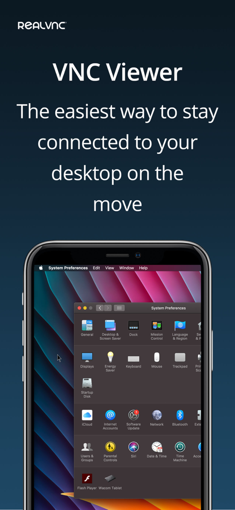 RealVNC Viewer: Remote Desktop - RealVNC Viewer app on iPhone displaying a remote macOS desktop interface