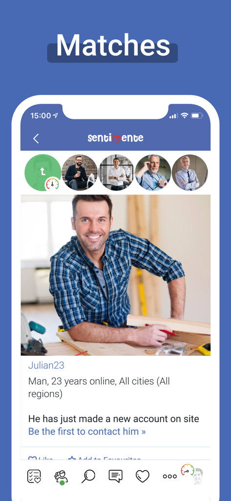 Sentimente dating app matches interface showing a male user profile