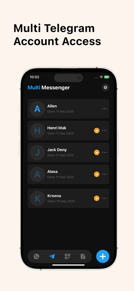 Multi Messenger : Whatify - Smartphone screen displaying the Multi Messenger app with a list of multiple Telegram accounts.