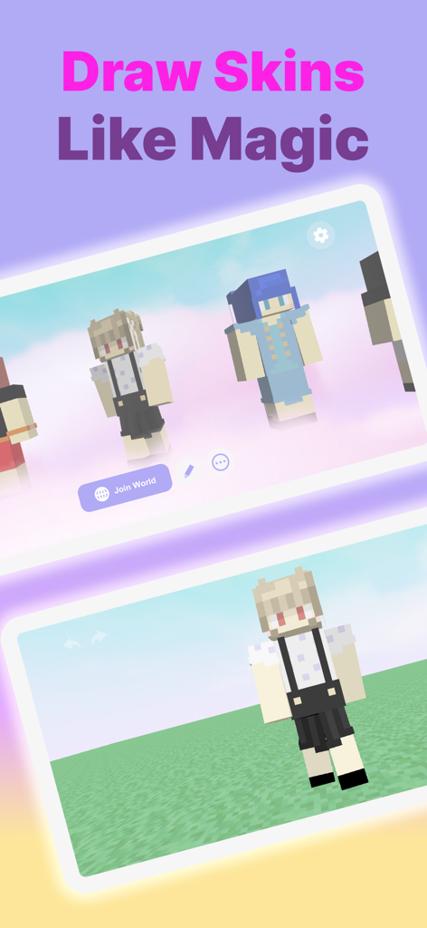 3D Skin Designer for Minecraft - Interface of 3D Skin Designer for Minecraft showing custom cute character skins in a design gallery and 3D view.
