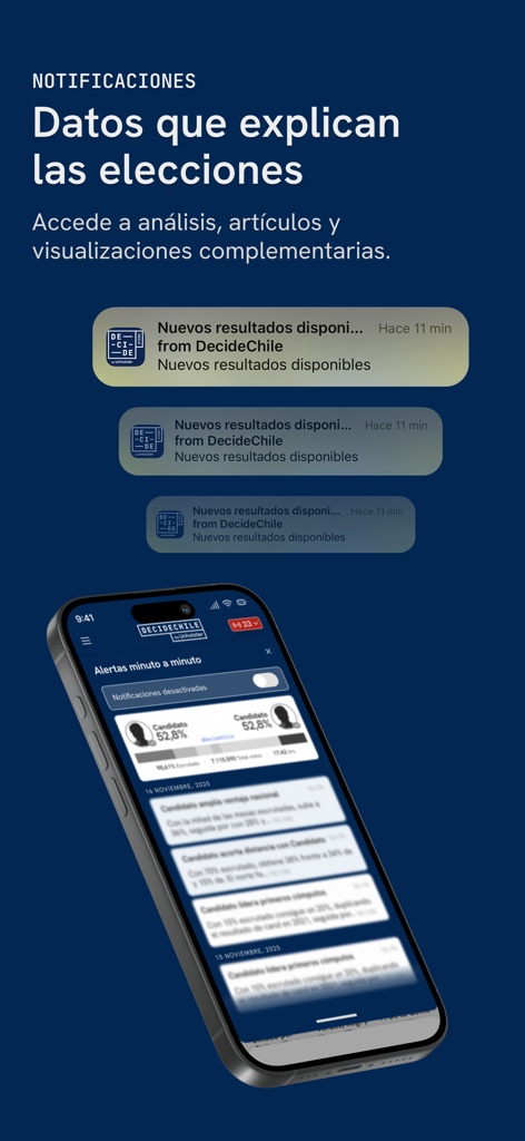 Interface of DecideChile app showing real-time election push notifications and minute-by-minute data alerts on a smartphone