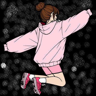 realistic girl jumping with a bun and oversized sweatshirt