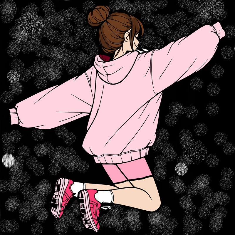 realistic girl jumping with a bun and oversized sweatshirt