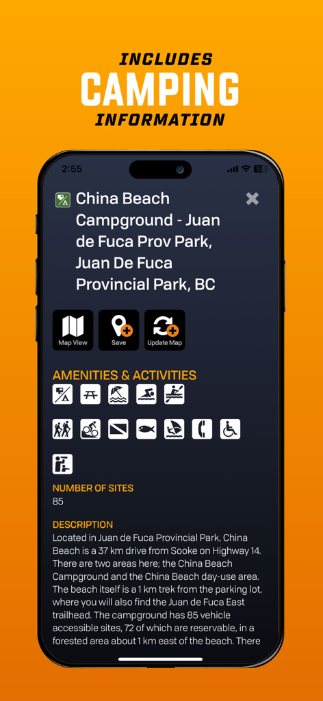 Pantalla de la aplicación móvil BRMB Maps mostrando información detallada sobre campamentos y servicios para un camping en Columbia Británica