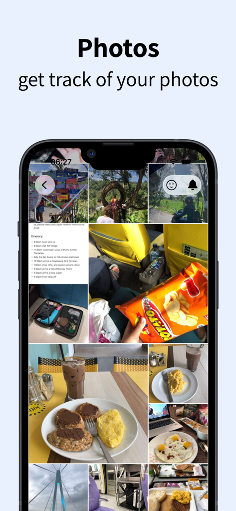 BlogIt - diary, journal, blog - A smartphone displaying a grid of personal photos and travel memories within the BlogIt app.