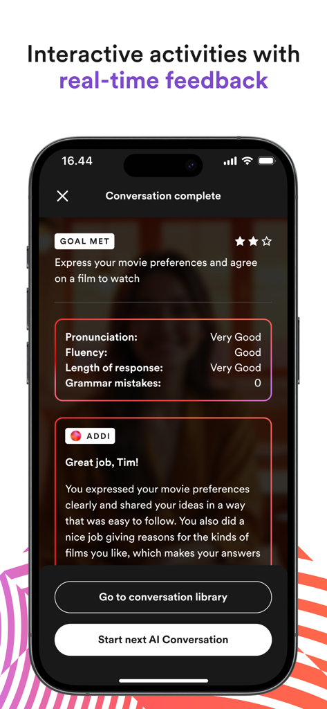Smartphone display showing real-time pronunciation and grammar feedback from the Efekta AI assistant after a conversation activity.
