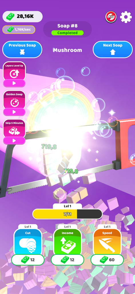 Idle Soap ASMR - Una sierra cortando un bloque de jabón en capas de arcoíris de colores con efectos satisfactorios de burbujas y destellos en ASMR de Cortar Jabón.