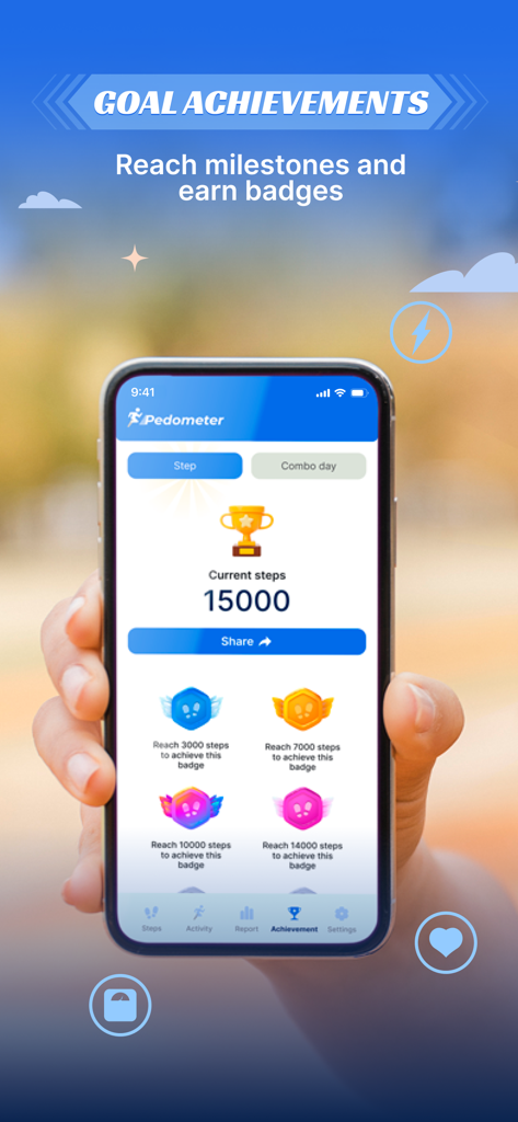 Schermata dei successi dell'app contapassi Walk Log che mostra traguardi di conteggio dei passi e badge guadagnati