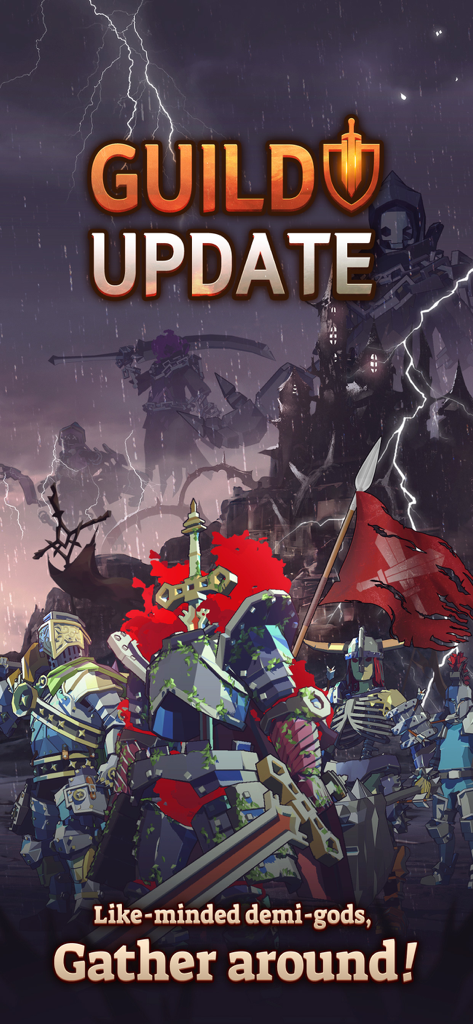 Armored demi-god characters gathered together for the Dungeon of Gods guild update announcement.