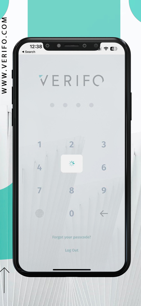 Verifo - Verifo mobile app login interface showing a numeric keypad for passcode entry and biometric fingerprint scan option.
