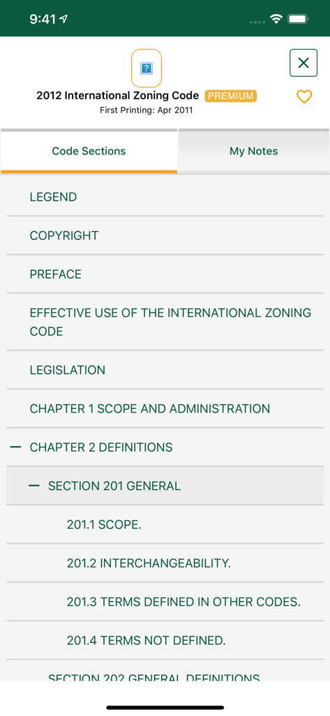 Table of contents for the 2012 International Zoning Code in the ICC Digital Codes app