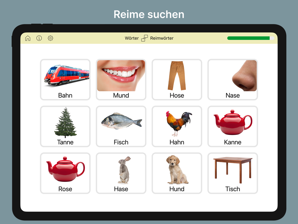 Lexico Hören Pro - Pantalla de iPad que muestra la aplicación de terapia del habla Lexico Hoeren Pro con un ejercicio de emparejamiento de rimas con tarjetas de imágenes y texto en alemán como Bahn, Hahn y Kanne.