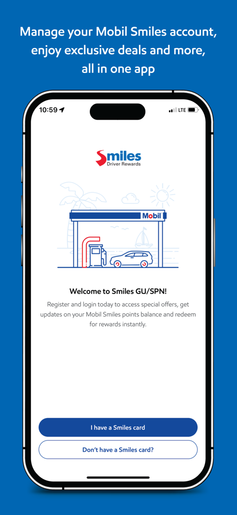 Welcome screen of the Mobil Guam Smiles Driver Rewards app with login and registration options