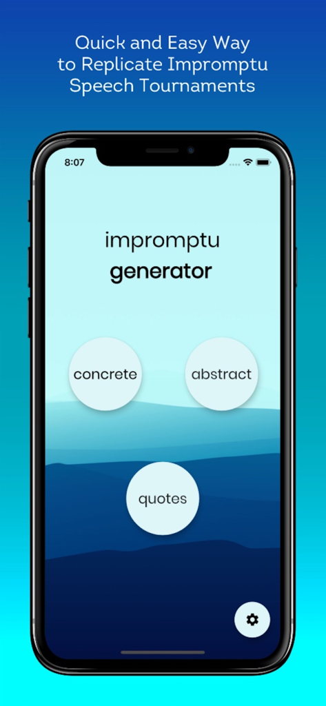 Impromptu Generator app home screen with buttons for concrete abstract and quotes speech prompts