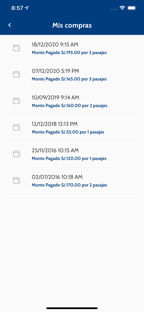 A list of past bus ticket purchases in the Linea app showing dates and amounts.