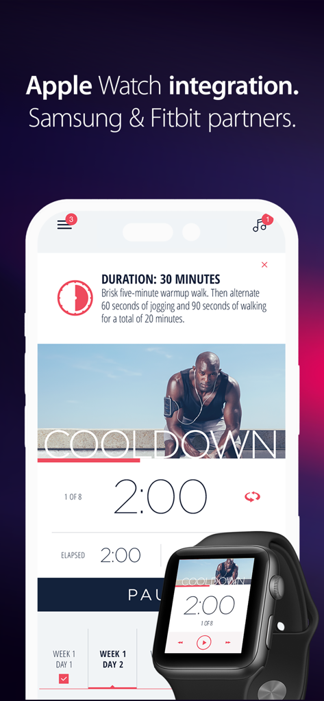 The Half Marathon 13.1 Trainer app interface on an iPhone and synced Apple Watch