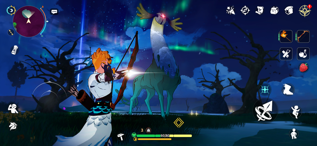 Dawnlands - A player aims a bow at a large creature in the night open world of Dawnlands