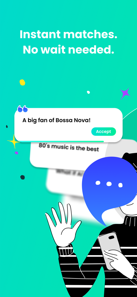 Interface do app Heymandi apresentando combinação instantânea baseada em tags de interesse de conversa, como Bossa Nova e músicas dos anos 80.