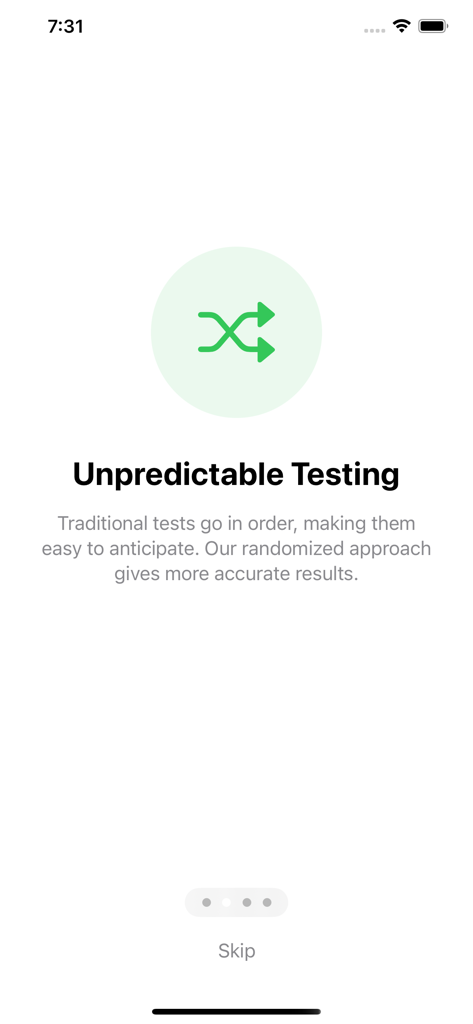 Screen describing unpredictable testing and randomized approach for accurate hearing results