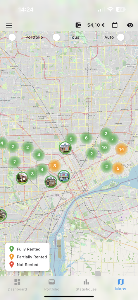 RealToken Asset Tracker - Interactive map showing tokenized real estate portfolio distribution in Detroit