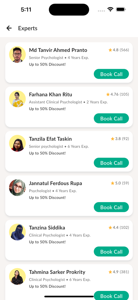 A list of mental health experts and psychologists available for consultation on Relaxy app