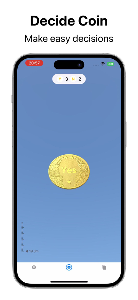 A golden decision coin with the word Yes displayed on a light blue screen within the Tiny Decisions app interface