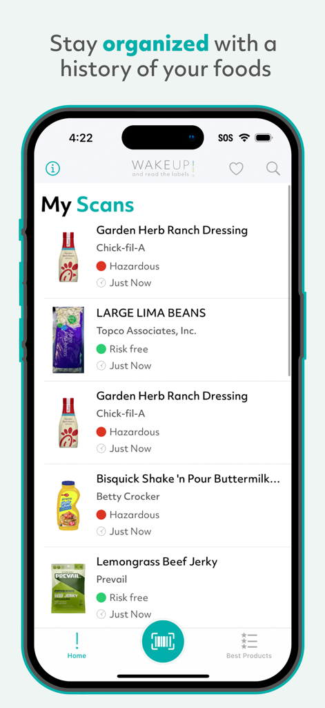 Smartphone screen showing a history of scanned food items with ingredient safety ratings in the Read the Labels app.