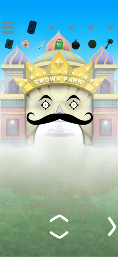 escape game: Maze MIST - A whimsical archway with a mustache and crown leading into the foggy Crown Park
