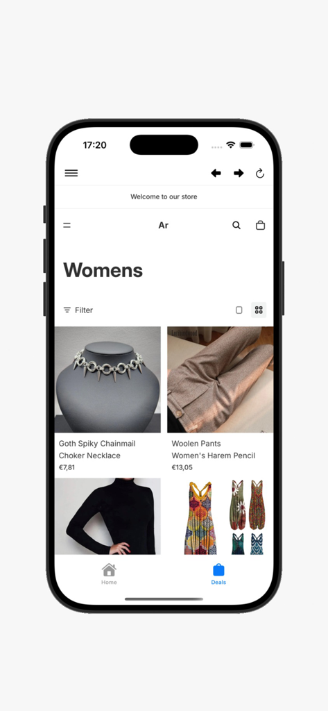 Un écran mobile de l'application Coach Outlet Store montrant une sélection de bijoux et de vêtements pour femmes.