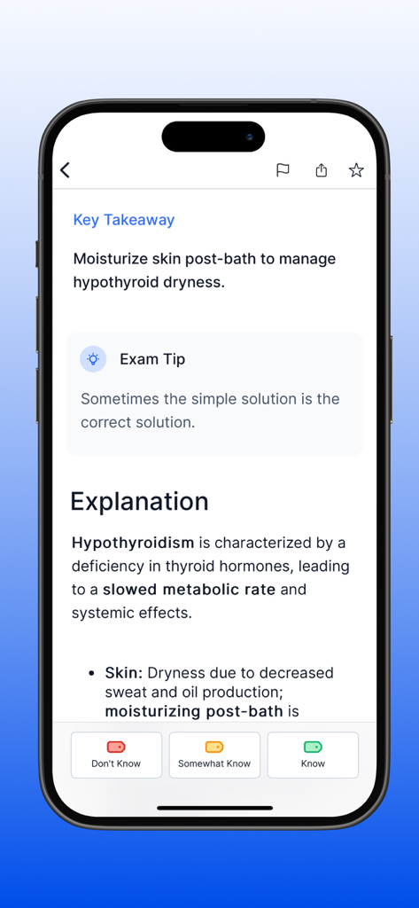 NCLEX PN Mastery Prep - 2026 - Uma tela de estudo do aplicativo NCLEX PN Mastery Prep mostrando um ponto-chave e uma explicação médica sobre hipotireoidismo.