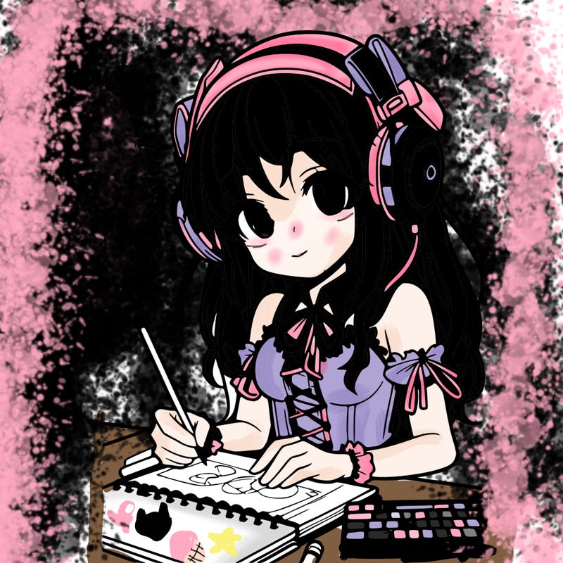 manga girl wearing headphones and drawing in sketchbook