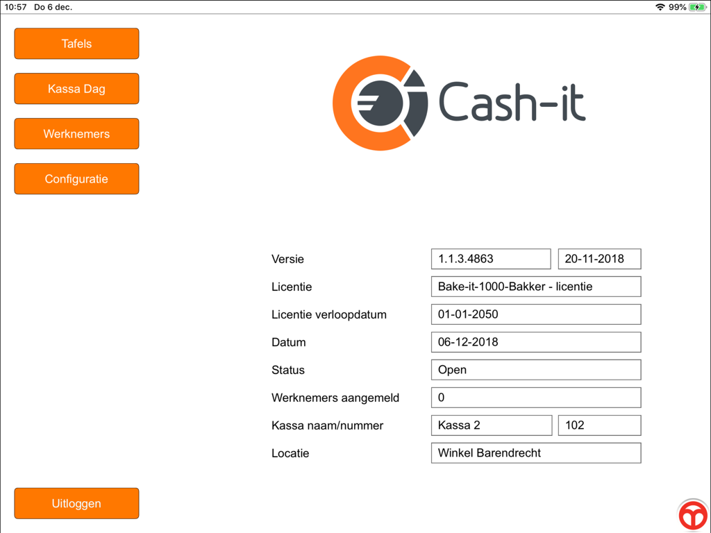 Tela de informações do sistema de PDV para padaria Cash-it mostrando detalhes de licença e localização da loja em um iPad.