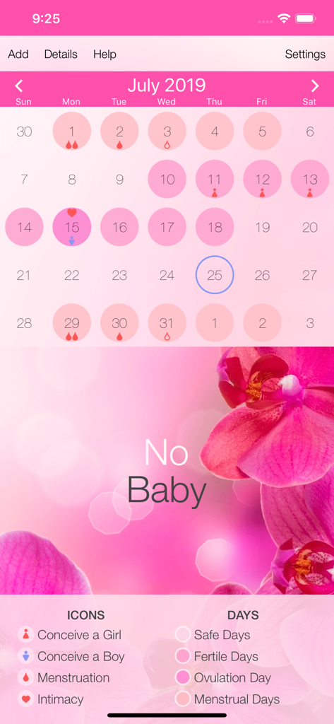 Menstrual Cycle Tracker - Menstrual cycle tracker app showing monthly calendar with period and fertility icons