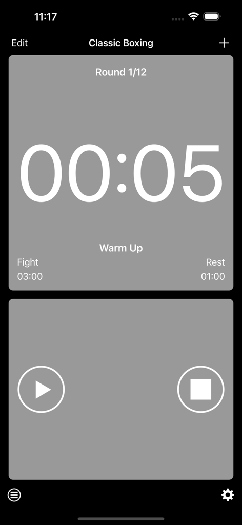 Boxing Interval Timer - Screenshot der Box Intervall Timer App, die einen fünf Sekunden Countdown für eine Aufwärmrunde zeigt