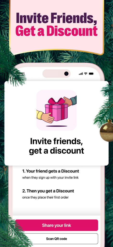 Foodora App Empfehlungsbildschirm mit einem Angebot "Freunde einladen und Rabatt erhalten" vor einem festlichen Hintergrund
