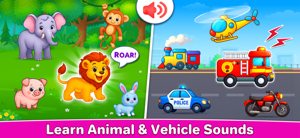 Kids Music: Piano, Xylo, Drums - Una pantalla de aplicación educativa para niños que muestra animales de dibujos animados a la izquierda y varios vehículos a la derecha con el texto Aprende Sonidos de Animales y Vehículos.