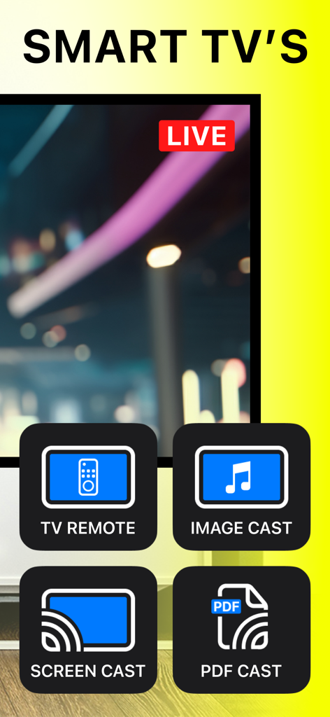 Interfaz de la aplicación Airpin Pro mostrando botones de control remoto de TV, transmisión de imágenes y transmisión de PDF