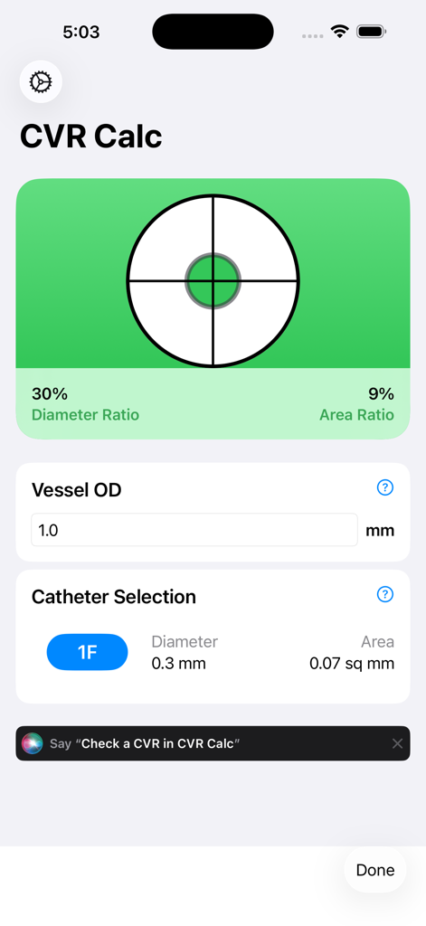 CVR Calc app interface showing diameter and area ratio calculations for vascular access