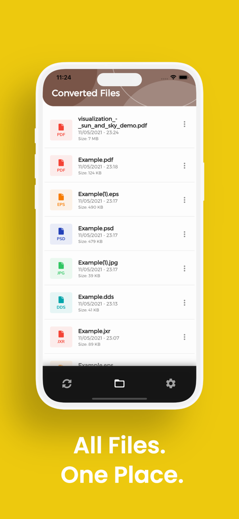 A list of converted files in the DWG Converter app showing various formats like PDF JPG and PSD with the tagline All Files One Place