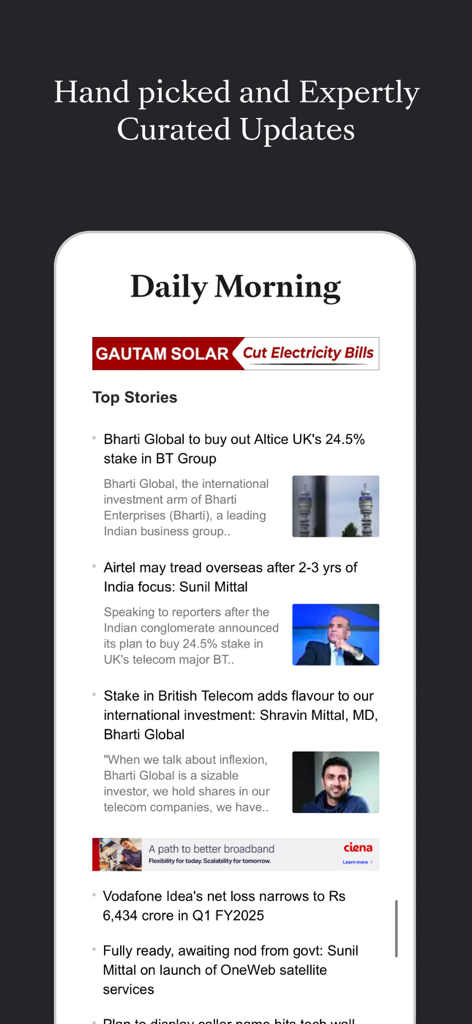 Interfaz de la aplicación ETTelecom que muestra las principales noticias de la mañana y actualizaciones curadas de la industria de las telecomunicaciones.