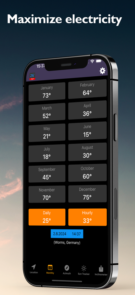 PV Solar Tilt - Schermata dell'app PV Solar Tilt che visualizza gli angoli di inclinazione ottimali mensili per l'efficienza dei pannelli solari.
