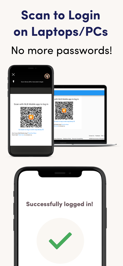 NLB Mobile - Un teléfono inteligente escaneando un código QR en la pantalla de una computadora portátil para iniciar sesión en la aplicación NLB Mobile sin contraseña