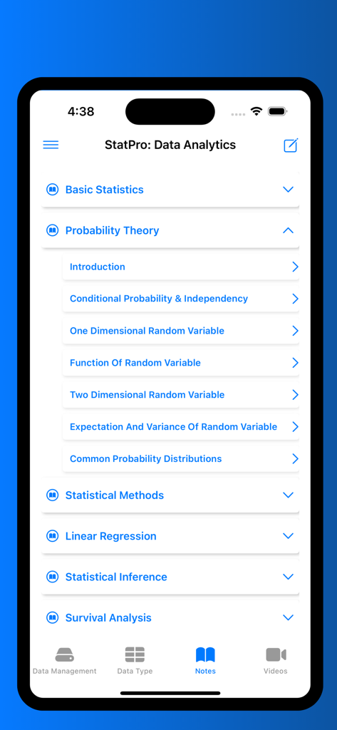 StatPro: Data Analytics - Educational notes menu in the StatPro app showing statistics and probability theory topics