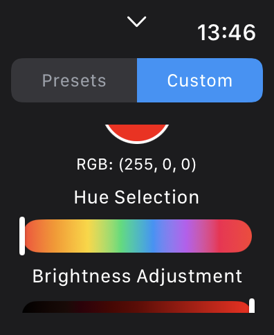 Apple Watch App-Oberfläche, die eine benutzerdefinierte Farbauswahl mit Helligkeits- und Farbreglern zeigt