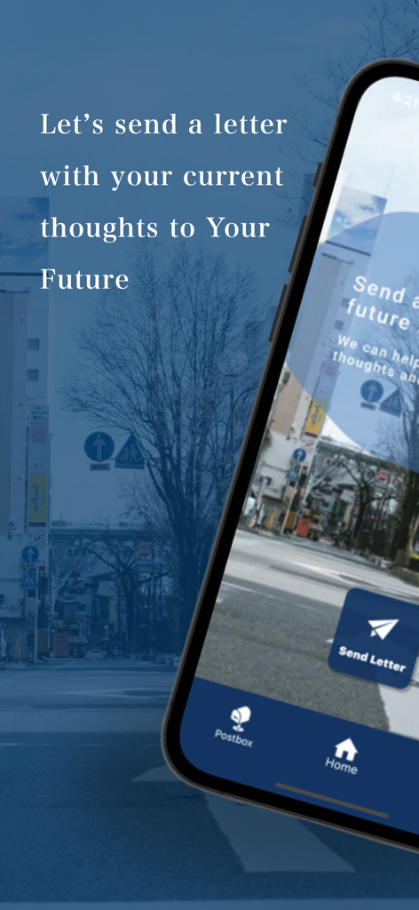 Letter to your future - Pantalla de inicio de la aplicación Carta a tu futuro mostrando una indicación para enviar pensamientos actuales a tu yo futuro sobre un fondo urbano