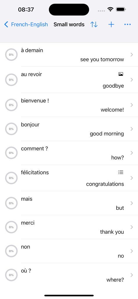 A screen from the WordTheme app displaying a French to English vocabulary list with words like bonjour and merci.