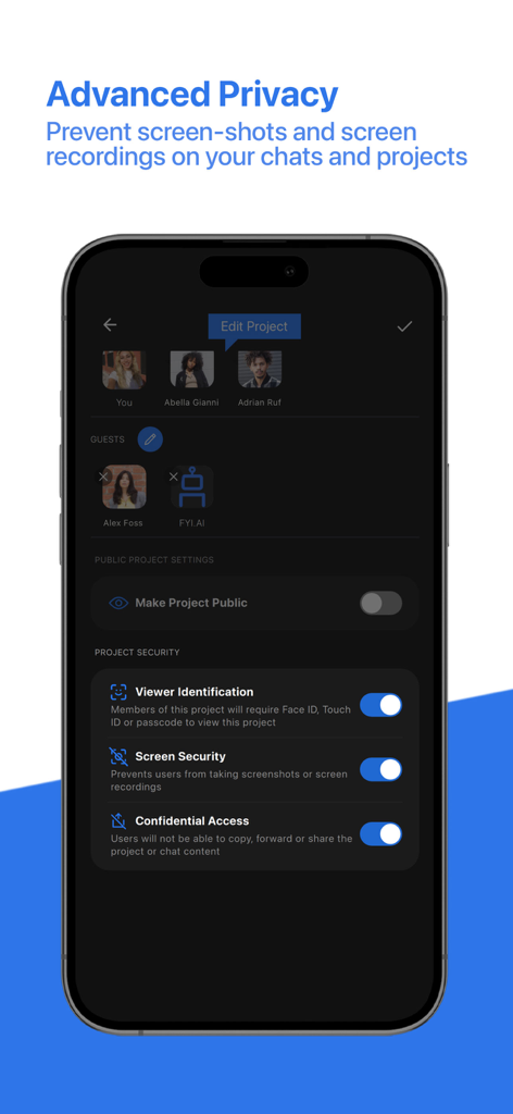 FYI.AI (Focus Your Ideas) - FYI AI app screen showing advanced privacy and project security options including viewer identification and screen security