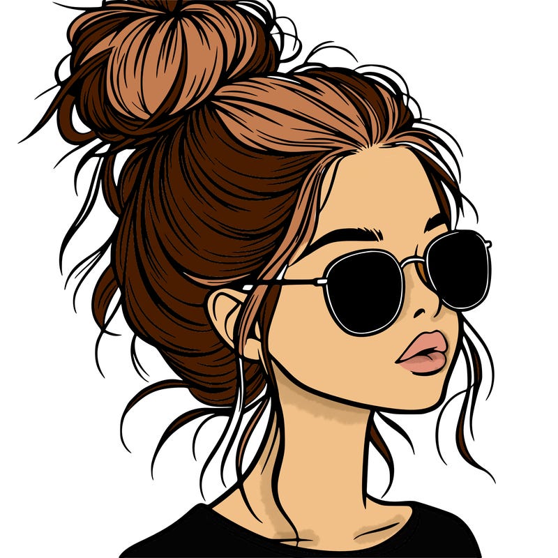 a realistic looking girl with sunglasses and a high messy bun